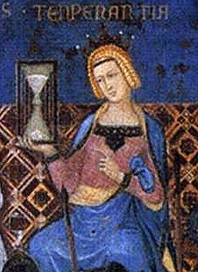Fresko-Ausschnitt: allegorische Figur der Besonnenheit mit Sanduhr